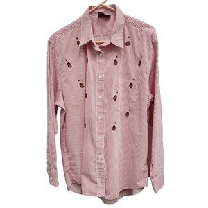 Vintage P.G.B. Womens Ladybug Shirt XL Red Striped Long Sleeve Embroidered Artsy
